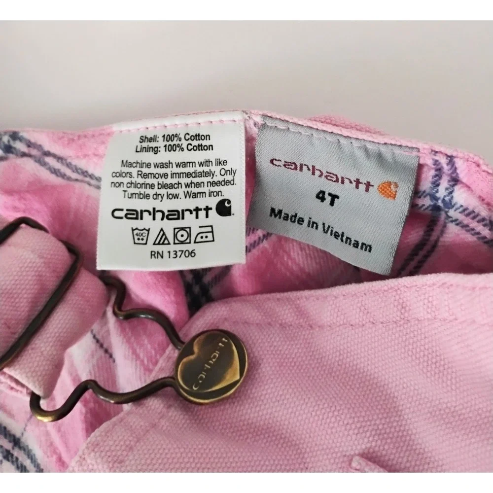 Carhartt Canvas Overalls Kids 4T Pink Plaid Flannel Lined Duck Bibs